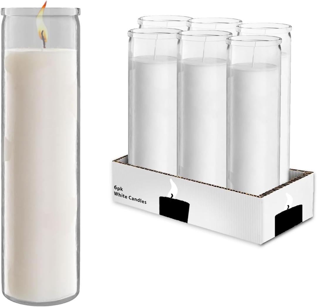 White Prayer Glass Candle Set - 6 Pack White 8" Prayer Candles for Vigils, Prayers, Cemetery, Blessing Ceremonies, Candles Bulk Pack