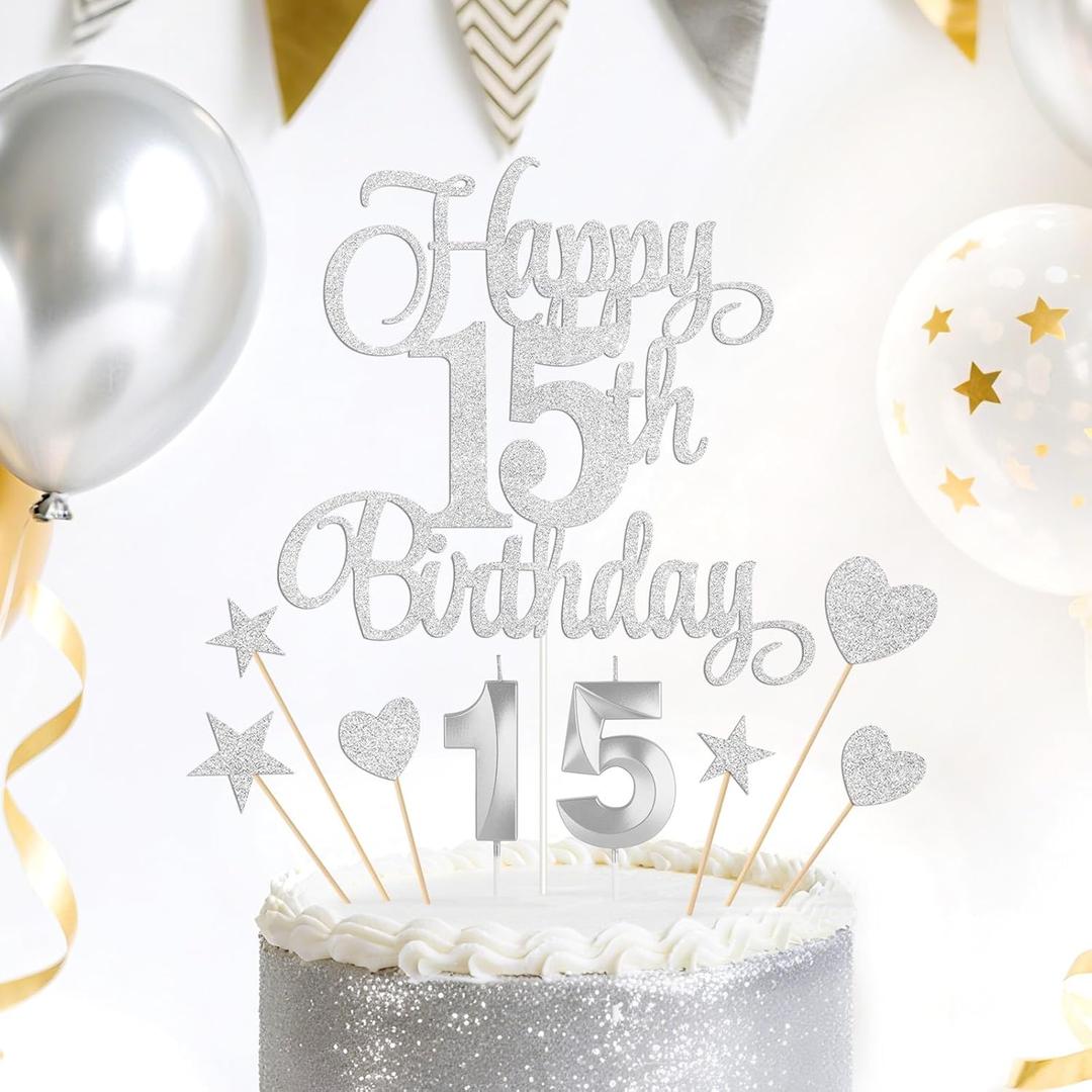Silver Happy 15th Birthday Cake Decorations, Glitter 15th Birthday Cake Toppers Set and Numeral 15 Candles for Birthday Party Supplies, Heart Star Cupcake Decorations