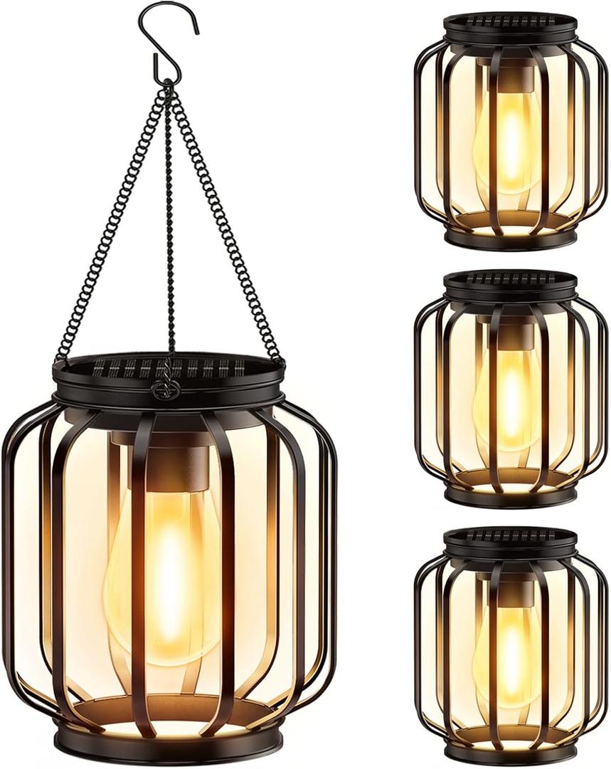 Solar Hanging Lanterns Outdoor Waterproof: 4 Pack Metal Solar-Powered Lights with Hook, Bright Warm Lantern Decor for Outside, Classic Outdoor Lighting for Yard Garden Patio Porch Balcony Decorations, Black