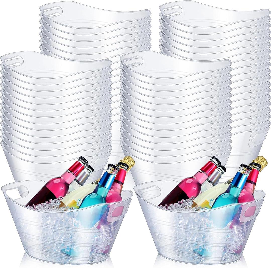 Norme 64 Pcs Oval Storage Tub with Handles, 4.5L Plastic Clear Ice Bucket Wine Beer Champagne Bottle Drink Cooler Tub for Christmas Parties Beverage, Storage Basket Gift