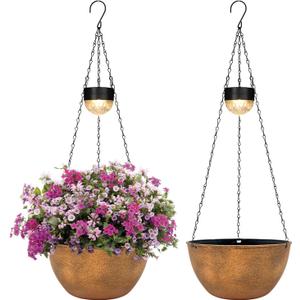 BAYN 2 Packs Solar Hanging Basket Planters for Plants Outdoor, Self Watering Bronze Flower Plants Pots with Solar Light Drainer for Balcony Patio Garden Outdoor Decoration