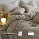 MooMee Striped Duvet Cover Set 100% Washed Cotton Linen Like Textured Breathable Durable Soft Comfy (Tannish Linen Grey White Wide Stripes, Cal King 104"x98")