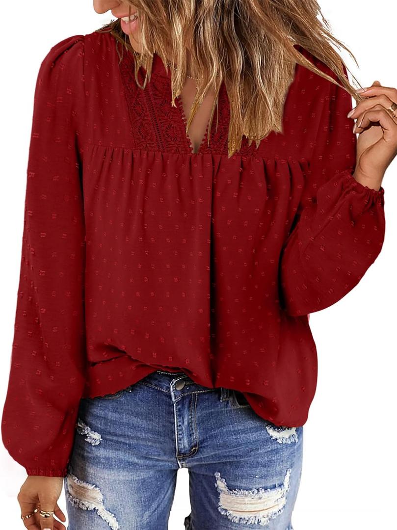 BETTE BOUTIK Women Boho Long Sleeve Shirts Dressy Casual V Neck Fall Fashion Tops Swiss Dot Flowy Blouses (XX-Large, B Lotus Red)