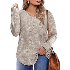 CARCOS Plus Size Tops for Women Long Sleeve Fall Shirts Lightweight Sweaters Basic V Neck Tunics Casual T Shirt,2XL, Apricot