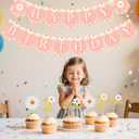 Daisy Happy Birthday Party Banner -12 Piece Daisy 3rd Birthday Cupcake Decorations Set for Baby Shower Floral Theme Boho Party Decor Supplies