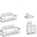 Non-Perforated Bathroom Storage Rack Shelf Set, Wrought Iron Wall-Mounted Shelf, Washing and Storage (Square 6-hook Silver 5-piece Set)