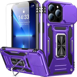 Goodon for iPhone 13 Pro Case with Sliding Camera Cover + Screen Protector - Metal Magnetic Kickstand - Military-Grade Shockproof Matte Protective Phone Cover 6.1" for Women Girls - Purple