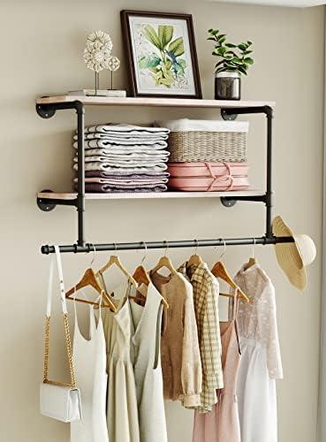 MAIKAILUN Industrial Pipe Clothes Rack with Wood Shelf, 42" Long Wall Mounted Clothing Rack with Hanging Rod for Laundry Room, Heavy Duty Pipe Shelves, Closet Storage, Retail Boutique Display