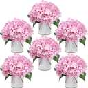 DIYDOFUN Flower Table Centerpieces - Set of 6 Floral Arrangement Artificial Wedding Hydrangeas Floral Arrangement with Rustic Metal Vase for Bridal Tea Party Event Decorations - Blush Pink