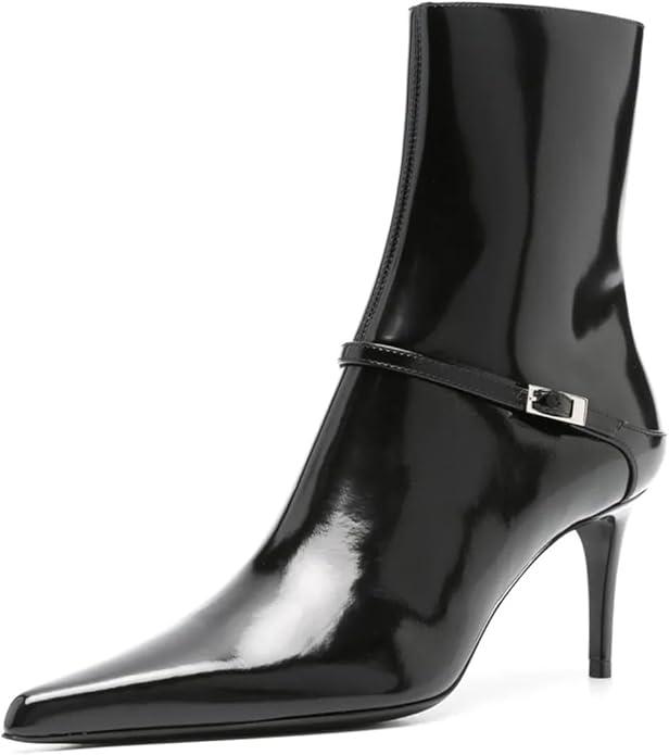 Maiyang Women Pointed Toe Side Zipper Ankle Boots Thin Mid Heel Glossy Patent Leather Booties Fashion Party Casual Shoes