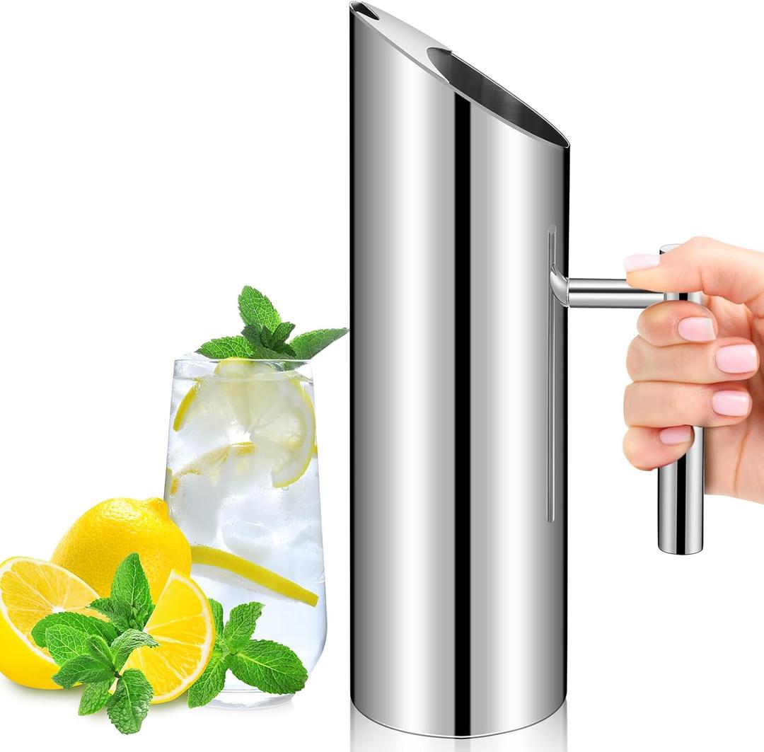 Stainless Steel Water Pitcher 53oz Modern Metal Pitcher with Ice Guard Silver Carafe Drink with Handle or Iced Hot Drink Tea Juice Coffee Beer
