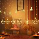 Diwali Diya Curtain Lights, 12 Hanging LED Diyas with Warm White Glow, Plug in String Lights with 8 Modes, Happy Diwali Festival Decoration for Indoor Outdoor Window Wall Home Party