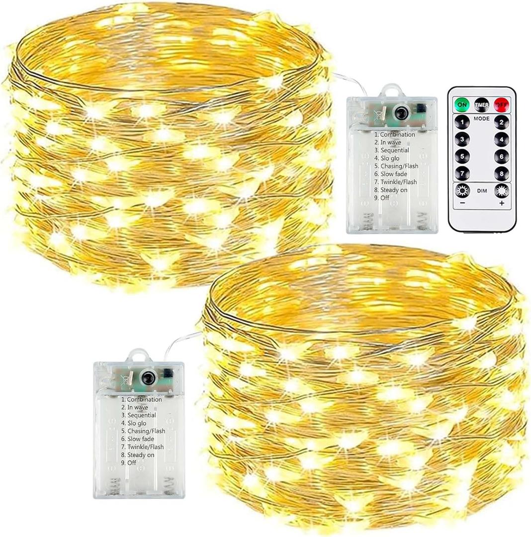 2-Pack 50 LED Fairy Lights Battery Operated with Remote Control Timer, 16 FT 50 LED Battery Lights Outdoor Indoor, 8 Mode Twinkle String Lights for Classroom Party Bedroom Christmas Dcor (Warm White)