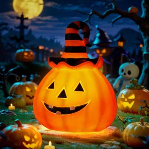 Halloween Pumpkin Decorations Outdoor Solar Lights  Jack O Lantern Garden Statue with Witch Hat, Waterproof Resin Pumpkin Decor for Yard, Patio & Pathway, Fall Decorations