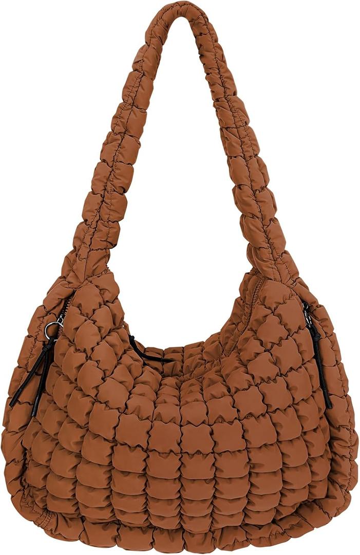 Juoxeepy Quilted Tote Bag Large Carryall Puffer Shoulder Bag Lightweight Padding Hobo Bag (Caramel)