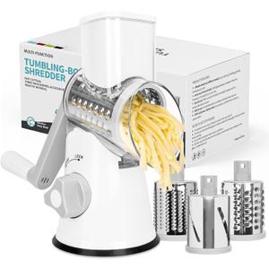 X Home Rotary Cheese Grater for Kitchen, Shredder with 3 Interchangeable Blades, Rotary Grater with Handle and Strong Suction Base, for Vegetables, Fruit, Nuts, Easy to Use and Clean, White
