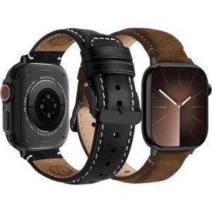Fullmosa Leather Band Compatible with Apple Watch Bands 49mm 46mm 45mm 44mm 42mm,Top Grain Leather iWatch Straps for Apple Watch Ultra SE Series 11 10 9 8 7 6 5 4 3 2 1,Coffee+Black/Black+Black