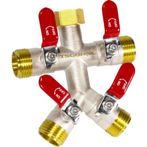 Heavy Duty Brass Garden Hose Splitter, Freeze and Sun Resistant Outdoor Faucet 4-Way Valve, Nickel Plated for Rust Resistance, 3/4 GHT (red)