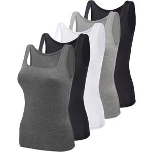 BQTQ 5 Pack Women's Tank Tops Square Neck Sleeveless Ladies Tank Top Undershirts (Large, Black, White, Gray, Dark Gray)