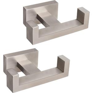 NearMoon Bath Double Towel Hook- SUS304 Stainless Steel Square Robe Towel Holder, Heavy Duty Rustproof Double Coat Hook for Bathroom Livingroom Kitchen Wall Mounted, 2 Pack (Brushed Nickel)