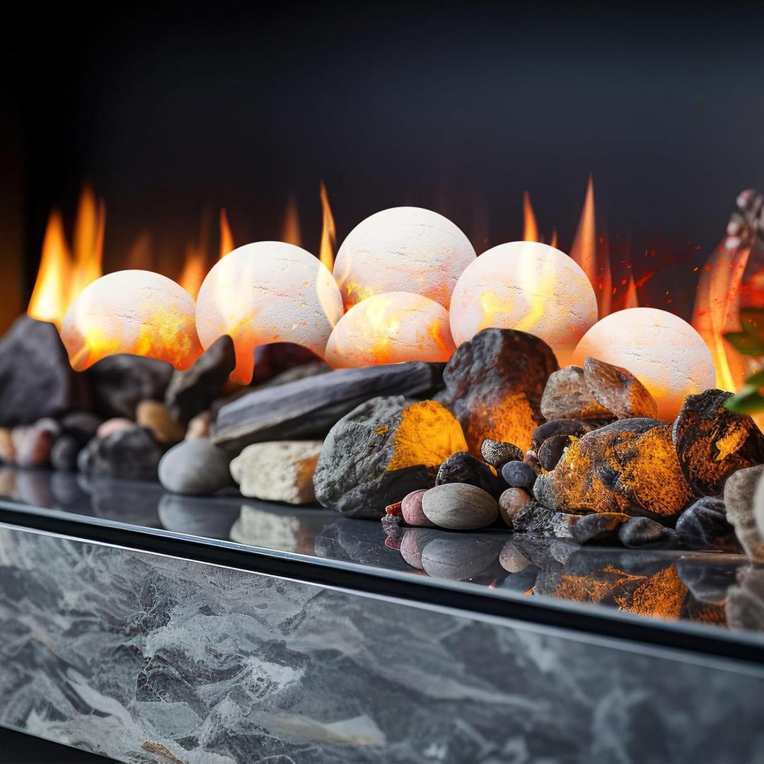 Sasylvia 6 Pcs Ceramic Fire Balls Fire Pit Balls, White Fireplace Round Stones Modern Accessory for Indoor and Outdoor Gas Fireplace (5 Inch Size)