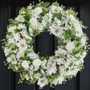 White Faux Silk Flower Spring Summer Easter Wreath 24-26" for Front Door – Anemone Daisy Tagetes Erecta Green Eucalyptus and Fern Leaves – Farmhouse Front Porch Wreath, Outdoor Indoor Use