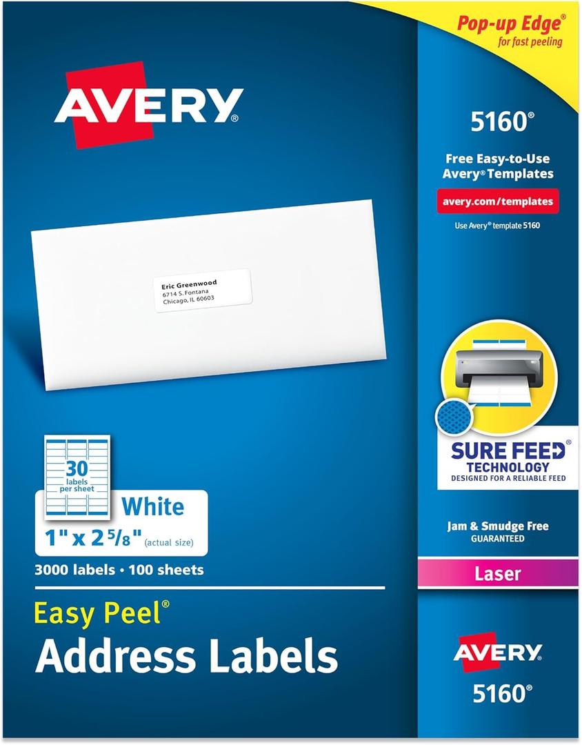 Avery Easy Peel Printable Address Labels with Sure Feed, 1" x 2-5/8" Customizable Stickers, White, 3,000 Blank Mailing Labels, Great for Mailing, Shipping, and More (5160) (1 in. X 2-5/8 in.)