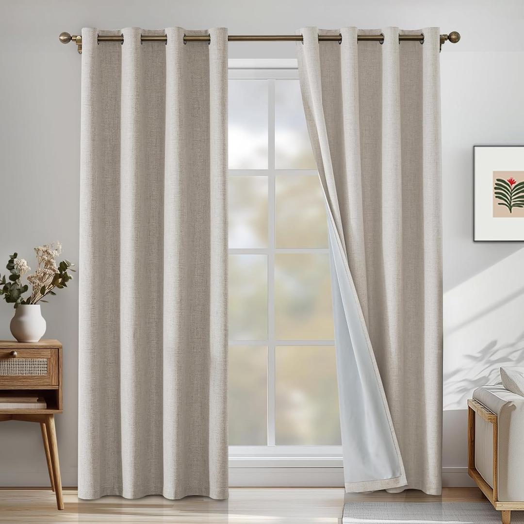 Linen 100% Blackout Curtains for Bedroom, Black Out Curtains 84 Inch Long, Room Darkening Curtains for Living Room, Long Curtain Grommets Drapes, Thermal Curtains(2 Panels, Oatmeal)