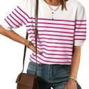ZESICA Women's Casual Striped Tops Short Sleeve Crew Neck Ribbed Knit T Shirts Comfy Loose Basic Pullover Sweater, Rose Red, Medium