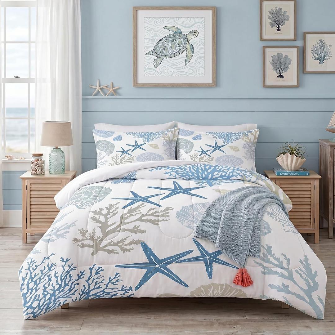 Coastal Bedding Set Queen: Nautical Comforter for Kids Teens Men Women, Sea Shell Starfish Marine Bedroom Decor 1 Comforter 