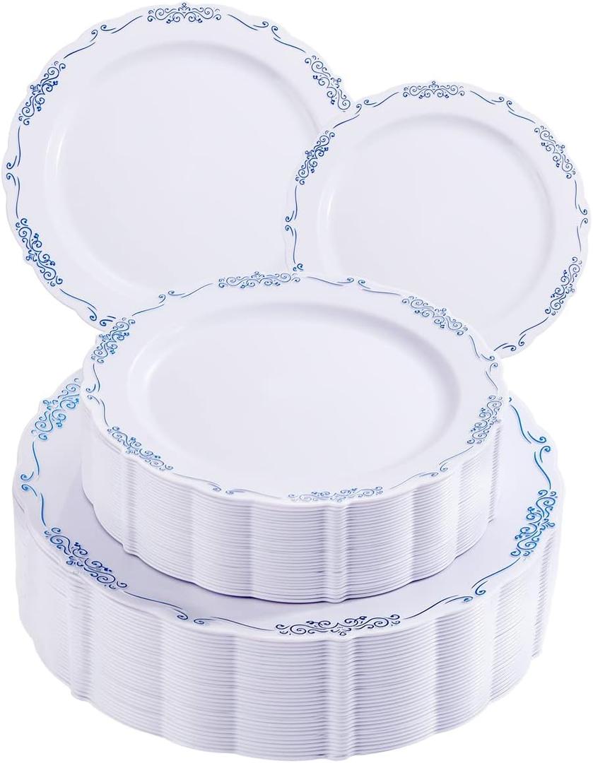 DaYammi 60PCS Blue and White Plastic Plates Blue Rim White Disposable Plates Blue White Party plates Include:30 Plastic Dinner Plate 30 Dessert plate and Wedding & Party Dining