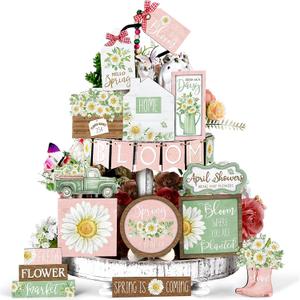 Hushee 20 Pcs Spring Flower Tiered Tray Decor Set Rustic Farmhouse Daisy Floral Wooden Sign Table Decorations for Spring Home Kitchen Shelf Tabletop Centerpiece