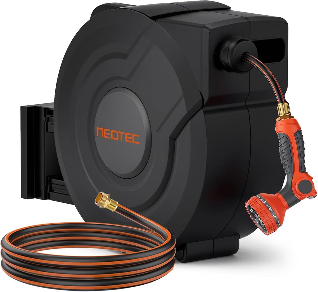 NEOTEC Retractable Garden Hose Reel 1/2 inch x 100ft - Wall Mounted Heavy Duty Hose Reel with 3/4 Inch Brass Fittings & 9-Pattern Nozzle - Auto Rewind System, Any Length Lock, 180 Swivel Bracket