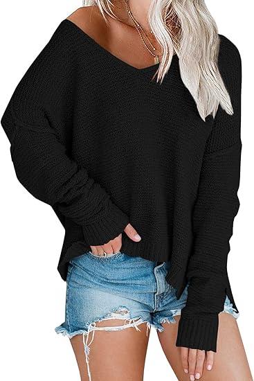 Women’s Off Shoulder Knit Sweaters Oversized V Neck Long Sleeve Loose Lightweight Pullover Tops, M, Black