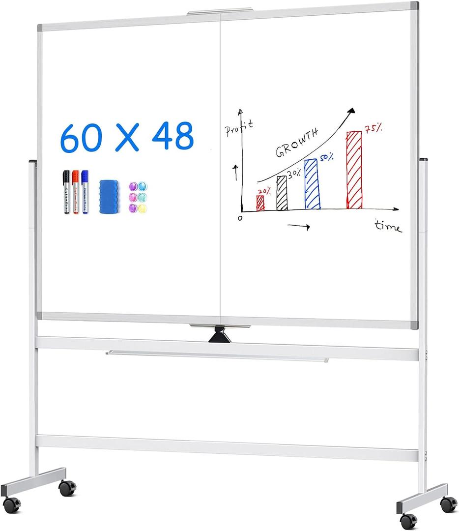 maxtek 60 x 48 Double Sided Rolling Whiteboard, Mobile Whiteboard Magnetic White Board - Large Reversible Dry Erase Board Easel Standing Board on Wheels with Stand (60 x 48) (60x48 inch Silver)