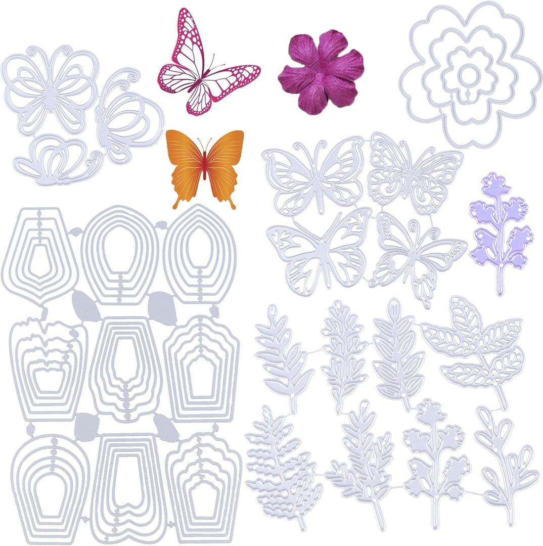 PHIMINNEX 25 Pcs Cutting Dies DIY Embossing Moulds 3D Stencil Template Metal Cut Dies for Scrapbook Album Paper Card Dies Decoration 1 Flower 7 Butterfly 8 Leaves 9 Circles Mold for Art Craft Gift (Stil 05)