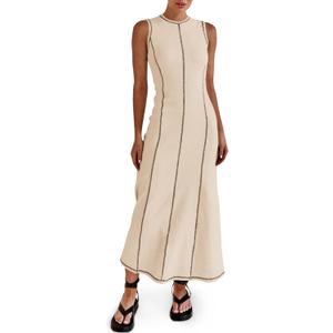 Wenrine Womens Sleeveless T Shirt Dress Summer Contrast Stitch Ribbed Knit Tank Maxi Dresses (Small)