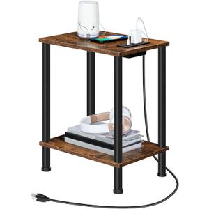 HOOBRO Side Table with Charging Station, Small End Table with USB Port and Outlet, Nightstand with 2-Layer Storage Shelves for Small Spaces, Living Room, Bedroom, Stable Frame, Rustic Brown BF09UBZ01