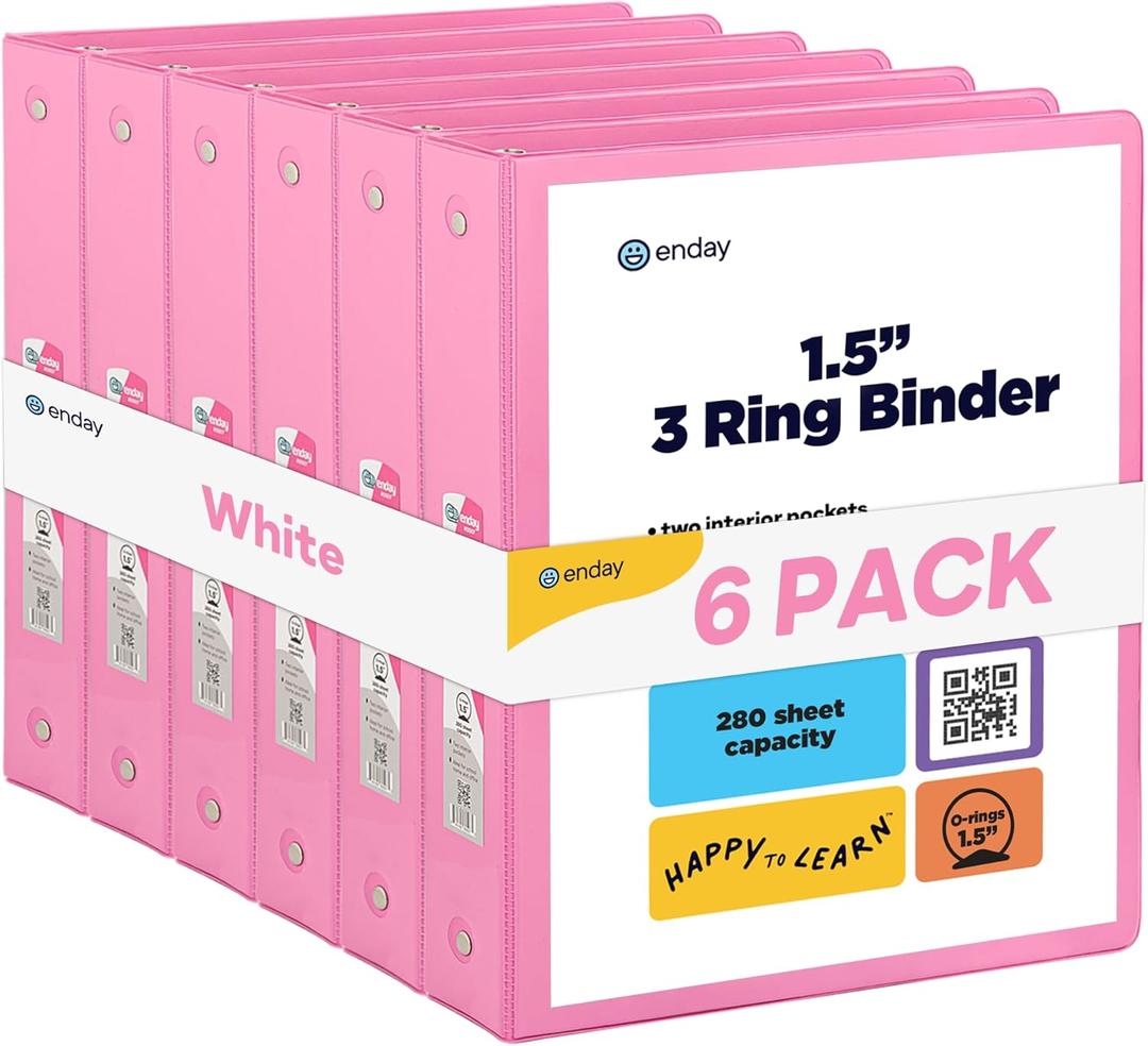 3 Ring Binder Pink, 1.5 Inch Clear View Cover with 2 Inside Pockets Binder, Colored School Supplies 1 Inch Round Ring Binders, Blue, Purple, Green, and Grey (6 PC) by Enday
