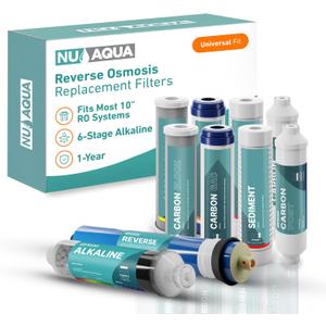 NU Aqua Reverse Osmosis Water Filter System Replacement Set - 6 Stage 1 Year Alkaline Under Sink Kit - Membrane, Sediment, Carbon Filters, Parts & Fittings - Universal RO Filtration Cartridge Pack
