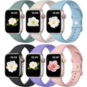 Maledan 6 Pack Bands Compatible for Apple Watch Band 38mm 40mm 41mm 42mm 44mm 45mm 46mm 49mm Women Men, Soft Silicone Sport Band Strap for iWatch Apple Watch Series 11 10 9 8 7 6 5 4 3 2 1 SE Ultra (Lavender Purple/ Starlight/ Pink/ Black/ Lake Blue/ Pine Green)