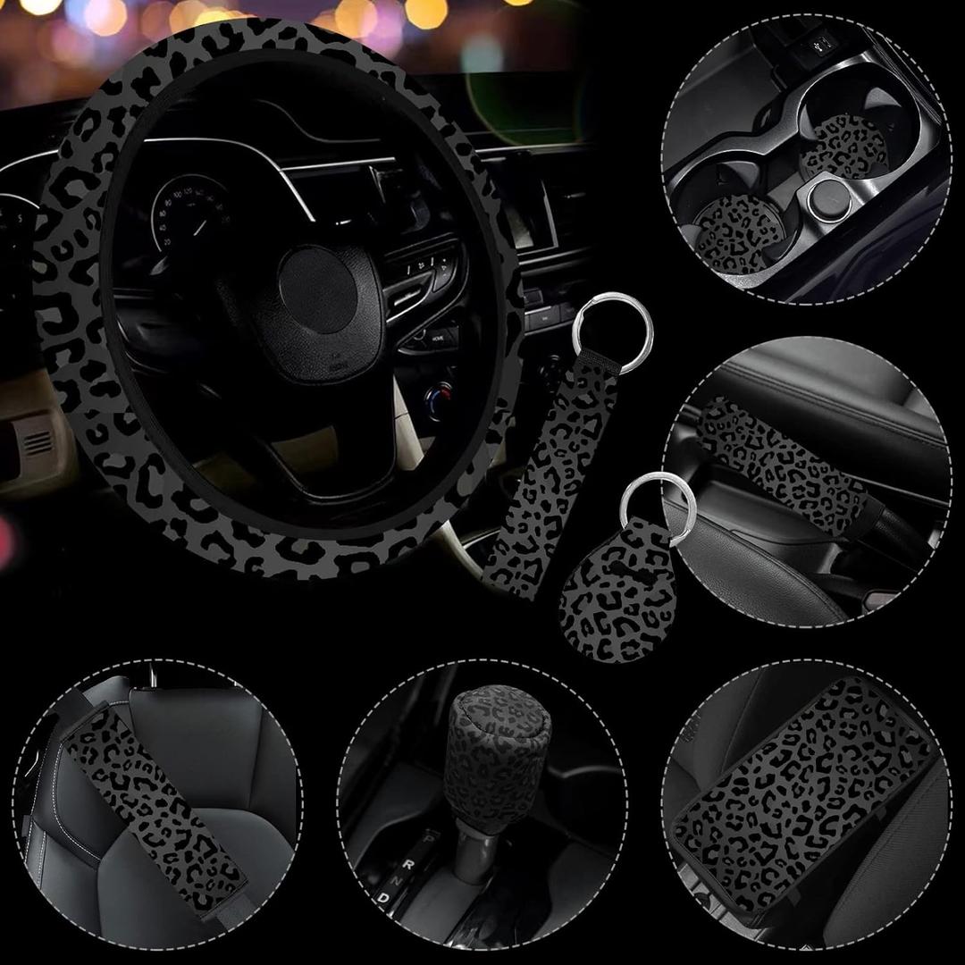 10 Pieces Leopard Print Car Steering Wheel Cover Center Console Armrest Pad Headrest Seat Belt Cover Handbrake Cover Keychain Coaster Full Set Car SUV(Leopard Print