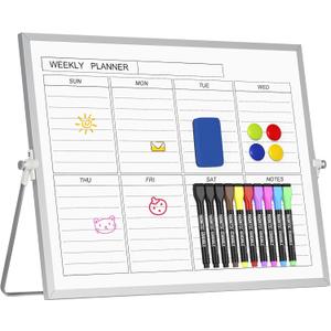 Magnetic Dry Erase White Board with Stand, 12'' x 16'' Desktop Weekly Schedule Board, 10 Markers, 4 Magnets, 1 Eraser, Double-Sided White Board Easel for Drawing School to Do List