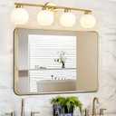 4 Light Bathroom Vanity Light, Gold Bathroom Light Fixtures Over Mirror, Mid Century Modern Wall Light with Frosted Globe Glass Shades, 32 inch Brass Vanity Lights, E26 Socket