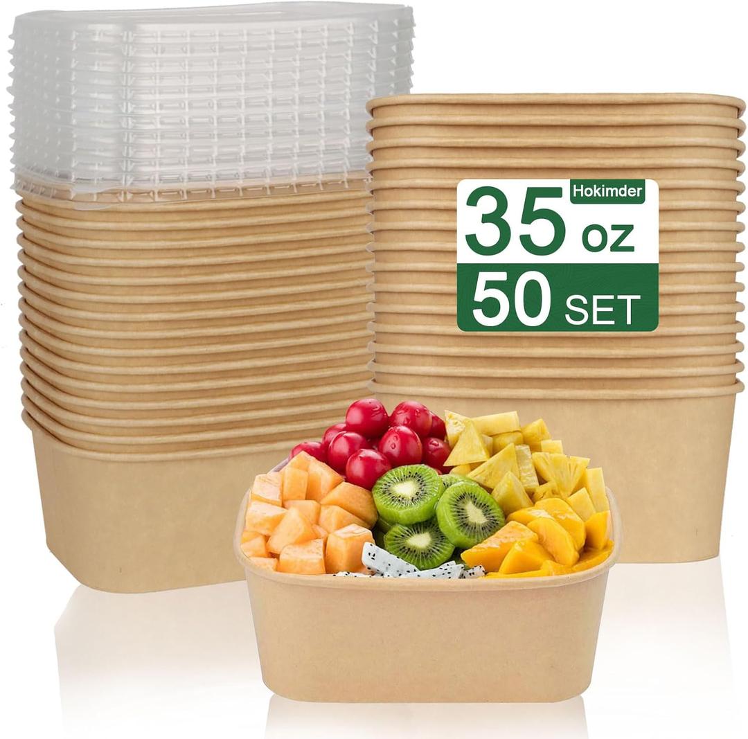 50 Pack 35oz Paper Food Containers with Lids, Cardboard Meal Prep Containers, Disposable Compostable Kraft Paper Bowls with Lids for Hot/Cold Food, Salad, Leftovers, Snacks, Desserts - Rectangular