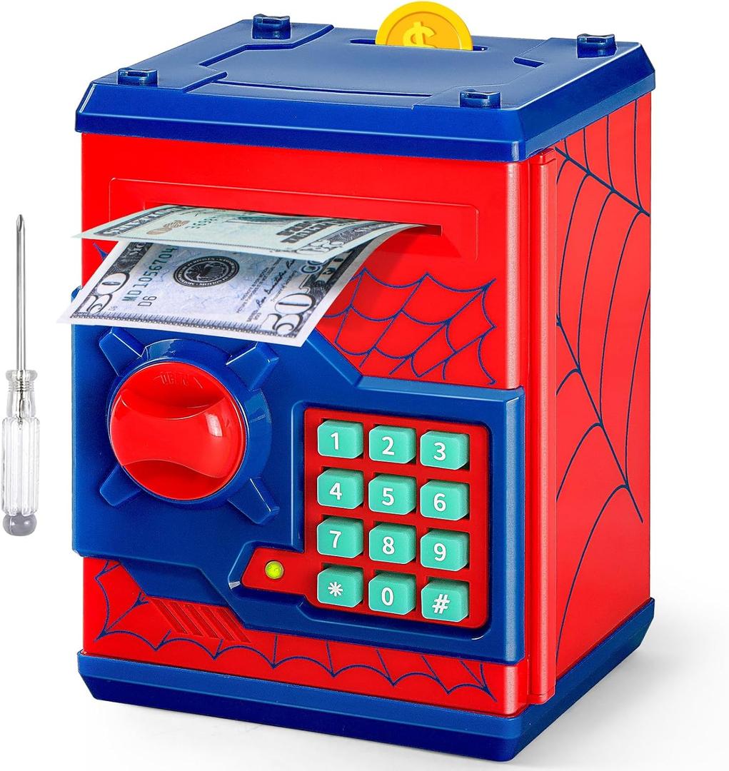 ATM Piggy Bank for Boys Girls, Vcertcpl Mini ATM Coin Bank Money Saving Box with Password, Kids Safe Money Jar for Adults with Auto Grab Bill Slot, Great Gift Toy Bank for Kids S Red