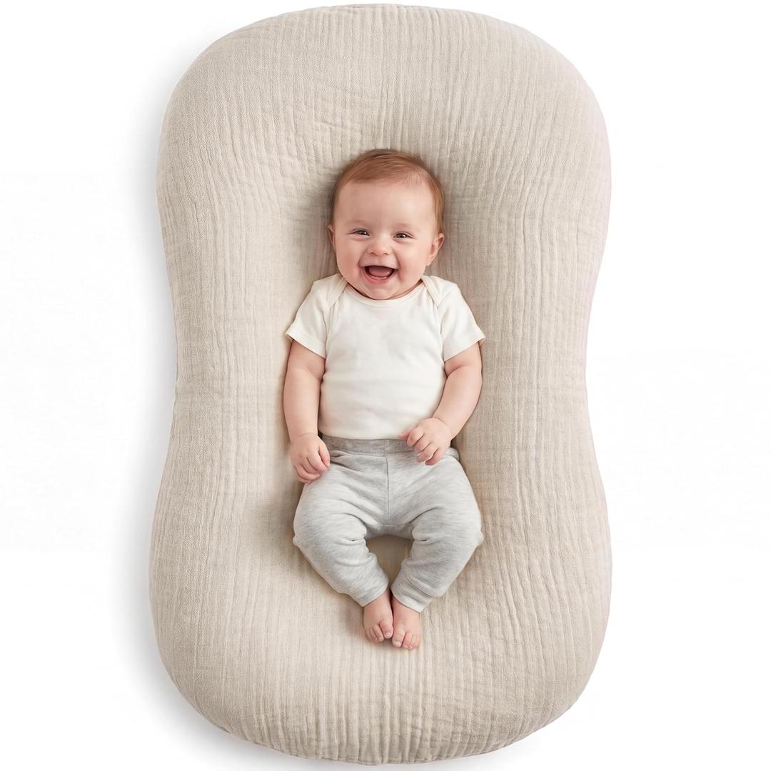 Muslin Baby Lounger Cover 1 Pack, Cotton Soft Breathable Infant Nest Slipcover, Envelope Closure, Compatible with Snuggle Me Loungers, Machine Washable, Cover Only, for Boys Girls(Beige)