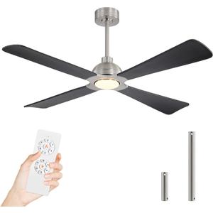 WINGBO 56 Inch DC Ceiling Fan with Lights and Remote, 4 Solid Wood Blades, 3CCT, 6-Speeds Reversible DC Motor, Modern Ceiling Fan for Bedroom Living Room Kitchen, Brushed Nickel and Black