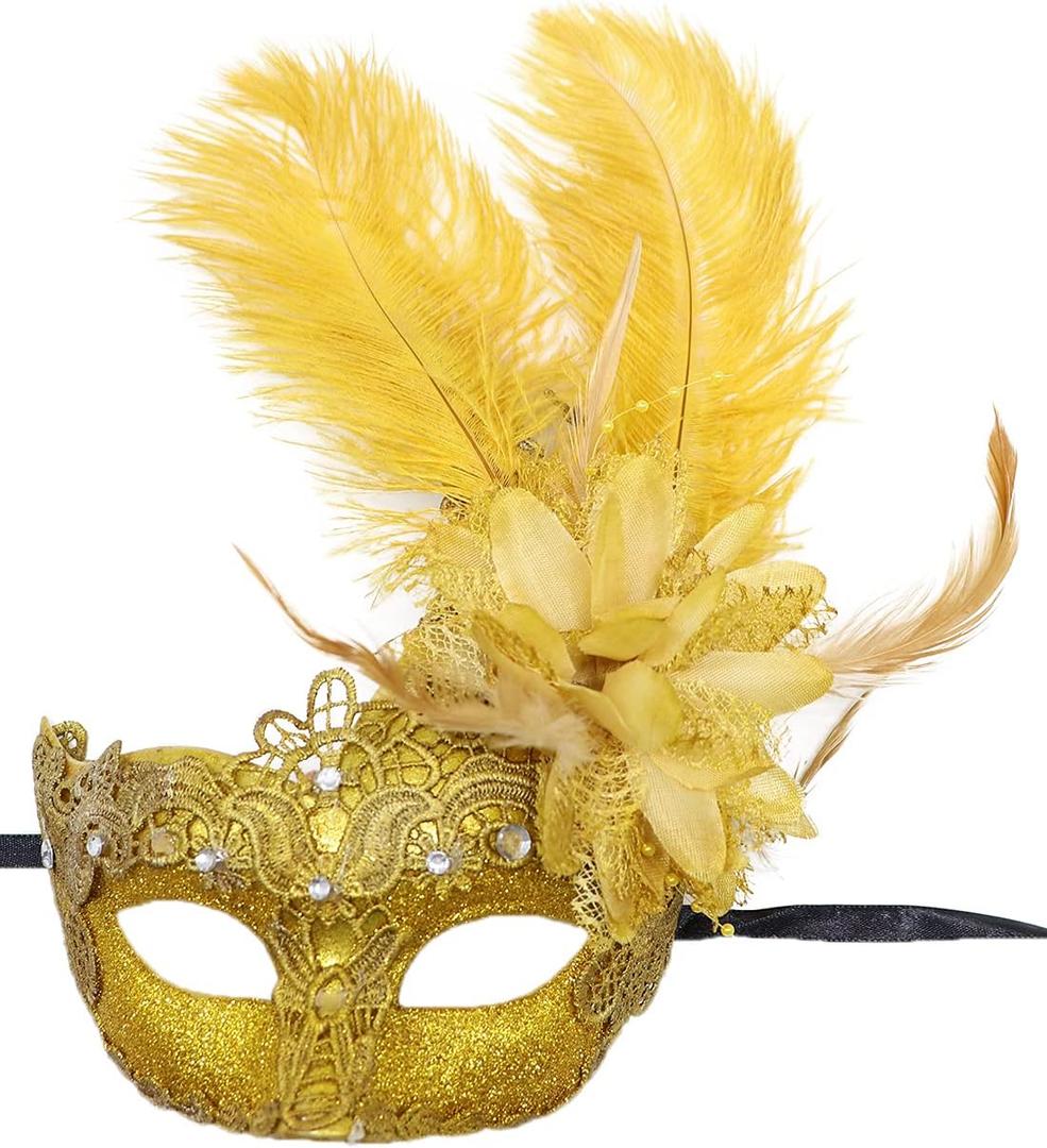 Awlsyj Women's Feather Masquerade Mask Venetian Halloween Mardi Gras Costumes Party Ball Prom Mask (Gold Lace)