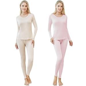 Panitay 2 Sets Women's Silk Thermal Underwear Set Mulberry Silk Long Base Layer Pajamas Top Bottom for Winter(Medium, Pink, Flesh Color)